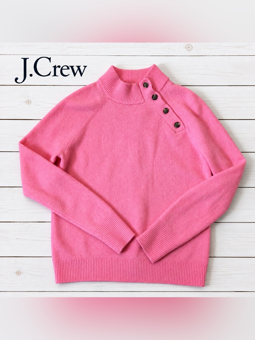 J. Crew Pink Button-Shoulder Mock Neck Sweater